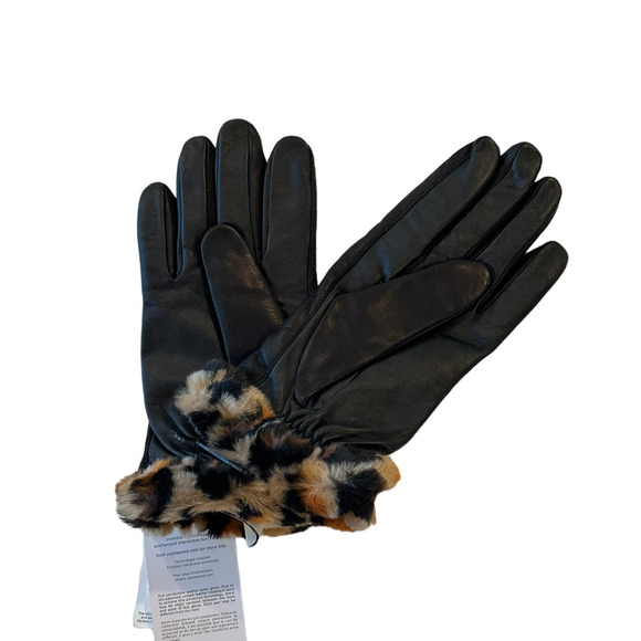 UGG Logo Leather & Faux Fur Cuff Gloves Small BLACK LEOPARD - Picture 5 of 11